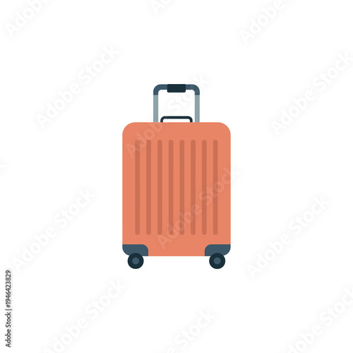 Orange wheeled suitcase for travel stands ready on white background