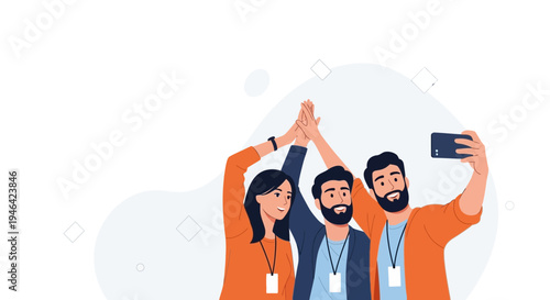 Teamwork High Five Selfie: Diverse Friends Celebrate Success at Event