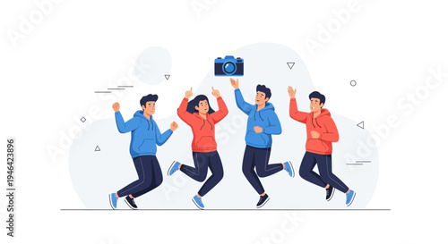 Happy Friends Jumping with Camera Icon - Teamwork and Celebration Concept