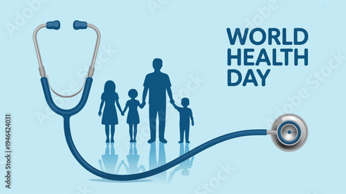 World health day family care concept with stethoscope and silhouettes on light blue background