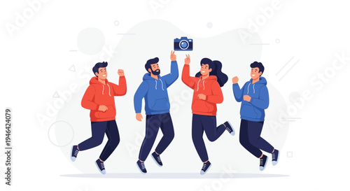 Happy Friends Jumping with Camera Icon, Celebrating Photography and Friendship