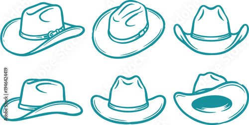 Hand Drawn Cowboy Hat Set Vector Illustration, Western Cowboy Hat Sketch Collection.