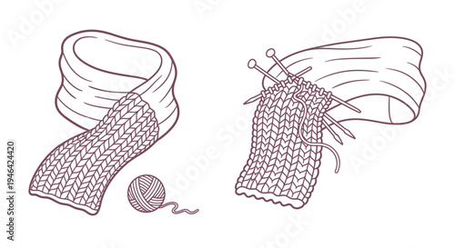 Knitted Scarf with Yarn Ball and Knitting Needles Line Art on Isolated White Background
