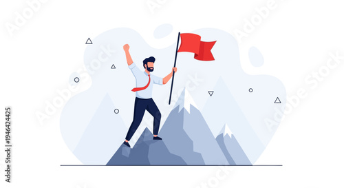 Man on Mountain Peak with Flag, Business Success and Achievement Concept