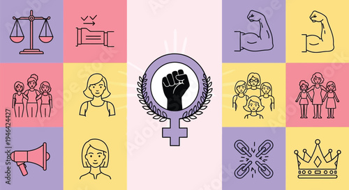 A comprehensive illustration depicting various powerful symbols of women's rights, feminism, and empowerment in a vibrant grid layout.