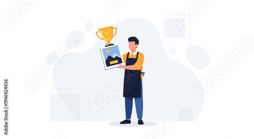 Artist holding trophy and painting, celebrating achievement in art, illustration