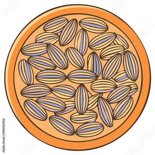 Sunflower Seeds in Bowl, Round Bowl, Snacks, Striped Seeds, Illustration, Organic, Vegetarian