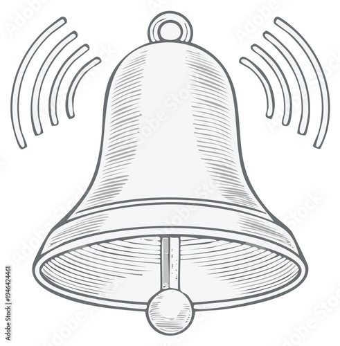Hand-drawn ringing bell with sound waves, vintage illustration, simple graphic