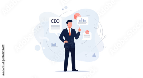 CEO presenting business strategy with charts and data, modern flat illustration