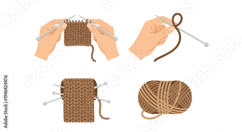 Hands Knitting Wool Fabric with Needles and Yarn Icons on Isolated White Background
