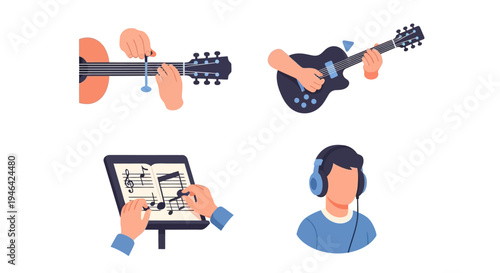 People Enjoying Music with Guitar, Tablet, and Headphones Icons on Isolated White Background