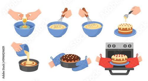 Various stages of baking a cake, including breaking eggs, whisking batter, decorating the cake, and taking it out of the oven with oven mitts, on an isolated white background.
