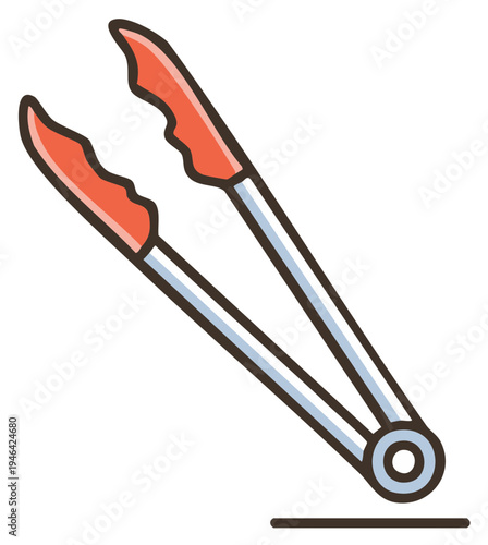 Red and silver kitchen cooking tongs vector illustration icon for food handling barbecue and grilling