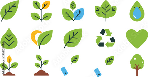 A collection of flat design vector icons representing nature, ecology, environmental protection, growth, and sustainability for various digital projects.