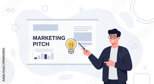 Man presenting marketing pitch with lightbulb idea on screen, business concept