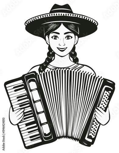 Young woman playing a traditional accordion wearing a wide-brimmed sombrero in black and white line art