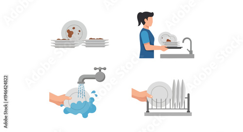 Dishwashing Process Icons: Dirty Plates, Woman Washing, Running Water, and Clean Dishes on Drying Rack on Isolated White Background