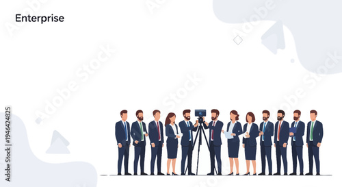 Diverse Business Team Filming Video with Camera on Tripod, Corporate Meeting