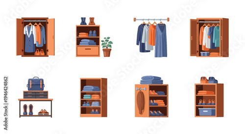 Clothing Organization Icons: Various Wardrobes, Shelves, and Hangers for Garment Storage on Isolated White Background