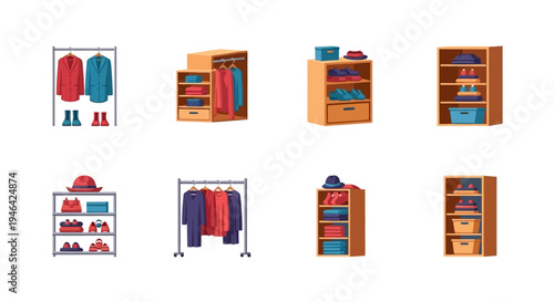 Organized Clothes Storage Solutions: Wardrobes, Open Shelves, and Hanging Racks with Apparel on Isolated White Background