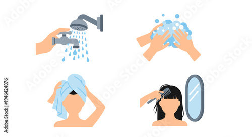Hair Care Routine Steps: Shower, Washing, Towel Drying, and Combing for a Woman on Isolated White Background