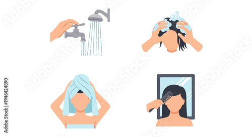 Woman Washing Hair Steps: Shower, Shampooing, Towel Drying, and Combing in Front of Mirror on Isolated White Background