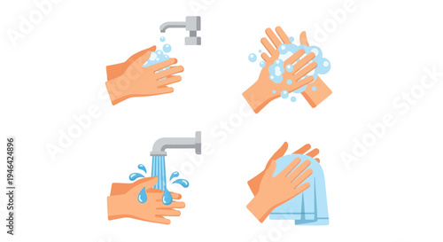 Steps of Hand Washing Process with Soap and Water, Hygienic Routine on Isolated White Background