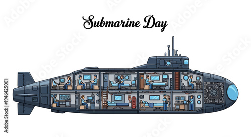 Vector illustration of a submarine with cutaway sections revealing interior components and technology on Submarine Day.