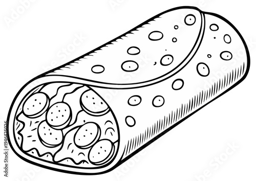Hand-drawn illustration of a delicious burrito filled with savory ingredients and wrapped in a tortilla