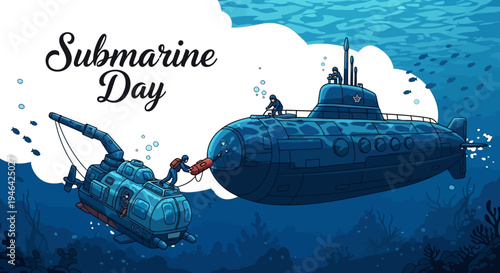 Illustration of a submarine and underwater vehicle on Submarine Day with a navy diver in deep blue ocean water with coral.