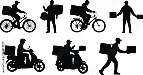 "Collection of seven delivery silhouettes showing workers on bicycles, scooters, and standing with packages, representing logistics, transportation, courier service, and urban delivery solutions"