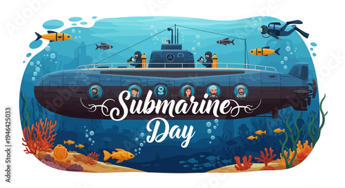 Vector illustration of a submarine underwater with ocean life and coral, celebrating Submarine Day with a naval vessel design.