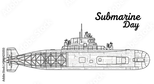 Vector illustration of a submarine on Submarine Day with a technical drawing style and a monochromatic color scheme on a white background.