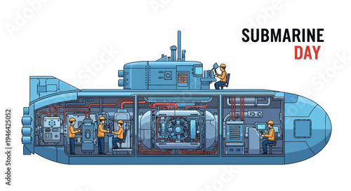 Vector illustration of a submarine with cutaway sections showing internal components and crew on Submarine Day.