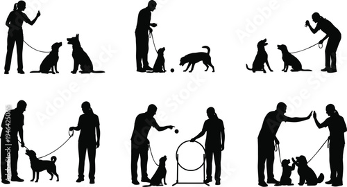Dog training silhouettes with people and pets performing obedience commands, tricks, and positive reinforcement activities, representing pet care, companionship, and lifestyle concepts