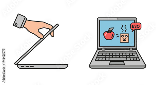 Laptop usage concepts showing a hand opening a laptop and a laptop screen with health and wellness related icons, isolated white background.