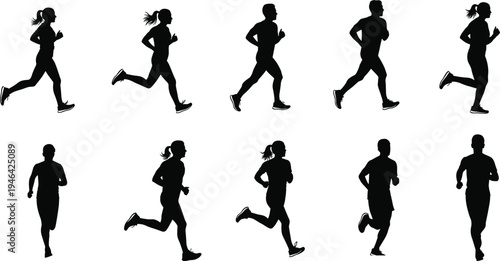 Dynamic silhouettes of male and female runners in motion, showcasing athletic stride cycle, fitness training, sports biomechanics, marathon preparation