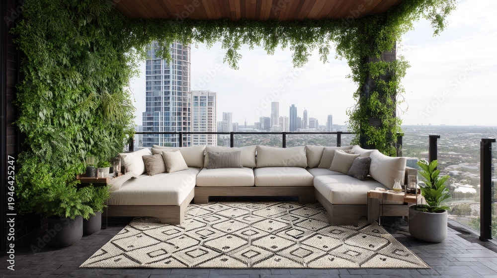 Obraz premium Chic modern outdoor lounge area with greenery, city skyline view, comfortable seating, elegant decor, and stylish textile accents for relaxation or entertainment