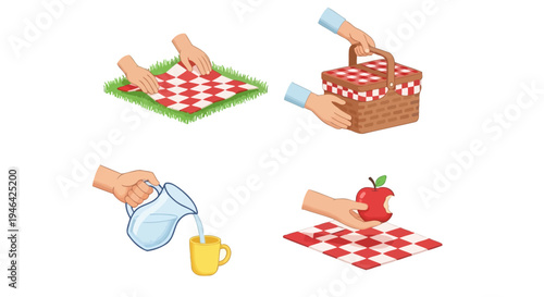 Picnic scene with hands spreading a red checkered blanket, carrying a basket, pouring water from a pitcher into a mug, and holding an apple on green grass.