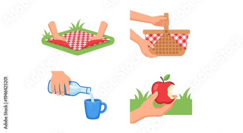 Picnic scene with hands spreading a red checkered blanket, carrying a basket, pouring water into a mug, and holding a red apple on green grass.