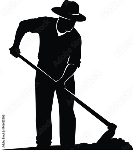 Farmer digging soil with hoe silhouette illustration, agriculture worker cultivating land isolated black vector icon representing rural farming, gardening and manual farm labor activity