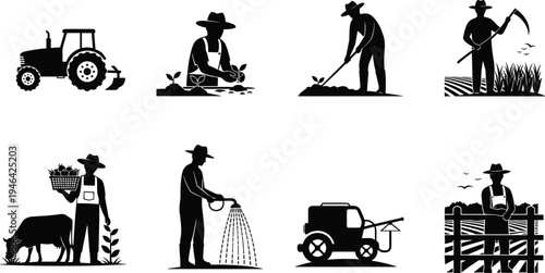Farmer silhouette collection showing agriculture activities with tractor, planting, harvesting and irrigation, rural farming lifestyle icons isolated on white background for agriculture design