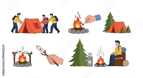 Group of happy people camping outdoors, setting up a tent, enjoying a campfire, roasting marshmallows, and relaxing near pine trees.
