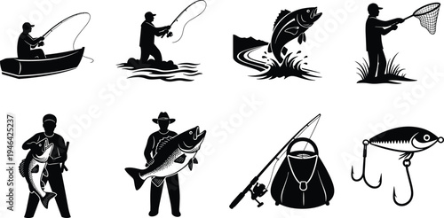 Fishing silhouette collection featuring anglers catching fish, casting rod, boat fishing, tackle equipment and bait lure icons isolated black vector set for outdoor sport fishing concept