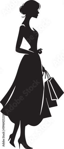 Black silhouette of a woman holding shopping bags isolated on transparent background