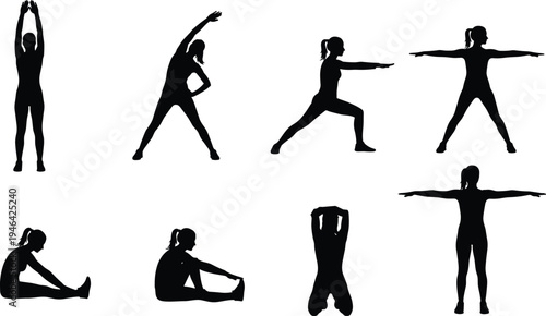 Fitness silhouettes showing stretching and warm‑up exercise poses, illustrating flexibility, balance, and workout routines for health, wellness, and active lifestyle concepts