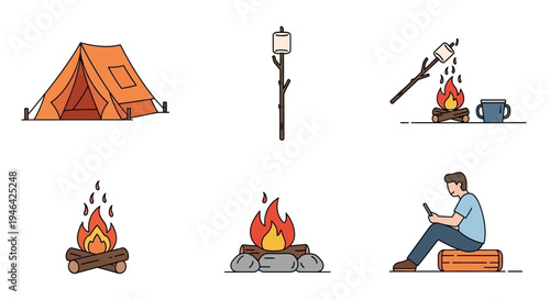 Set of camping icons including a tent, campfire, roasting marshmallows, and a person relaxing by the fire with a phone, in a natural outdoor setting.