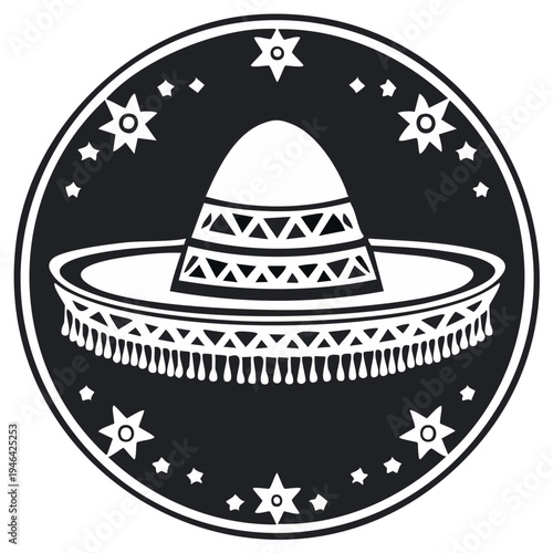 Stylized Mexican Sombrero Silhouette Graphic Bordered with Stars and Geometric Patterns Emblem Artwork
