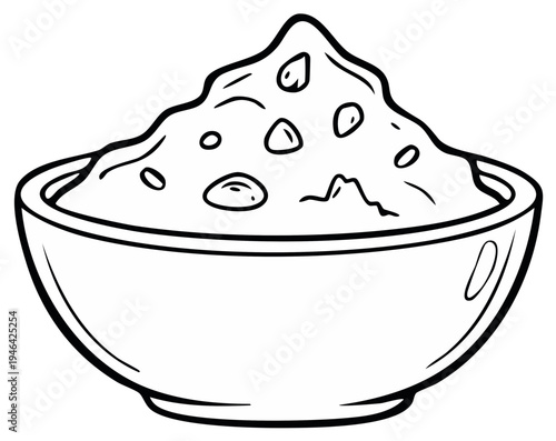 Stylized black and white drawing of a bowl of mashed potatoes with small chunks