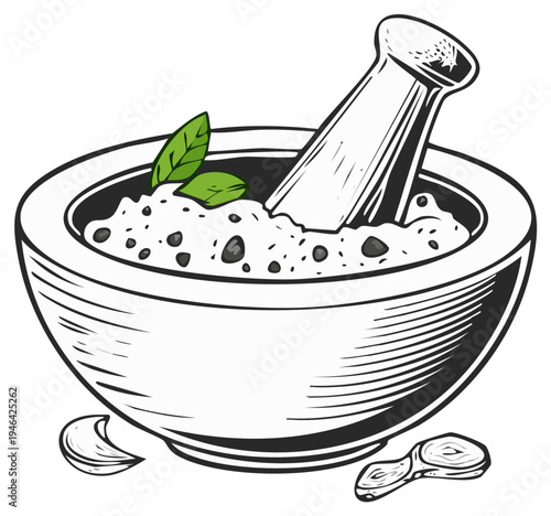 Mortar and Pestle Grinding Herbs and Garlic for Fresh Ingredients